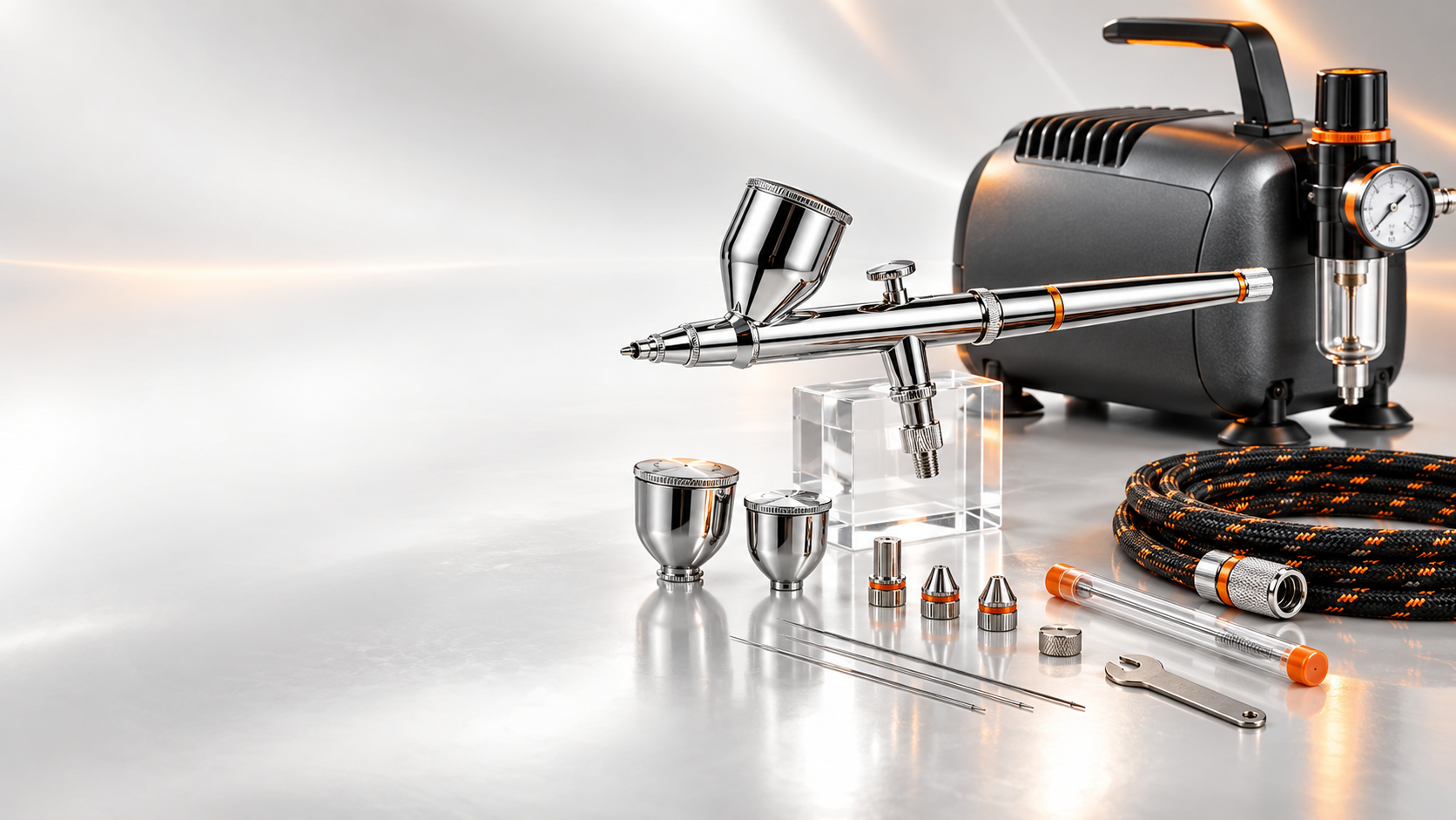 Airbrush equipment, compact compressor and accessories